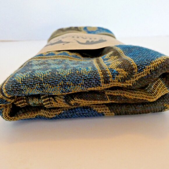 Silk Cashmere Scarf Long Blue Brown Thailand Gold Emboss Elephant Lucky Romantic - Picture 6 of 8